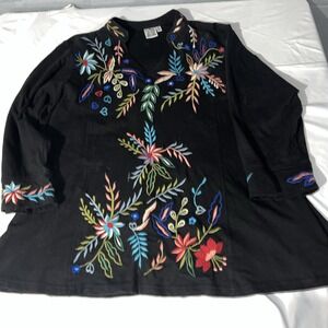 Parsley & Sage Purple Embroidered Floral Boho Art To Wear Tunic Black Floral 1X